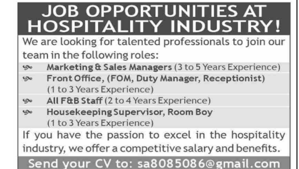 JOB OPPORTUNITIES AT HOSPITALITY INDUSTRY